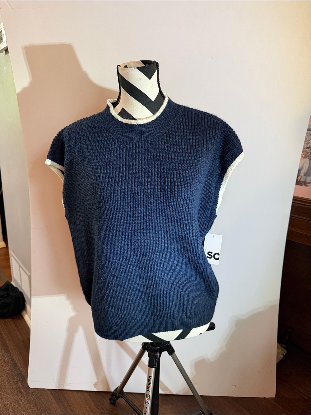 SO Navy Crewneck Sleeveless Sweater with Cream Trim. Great for fall.